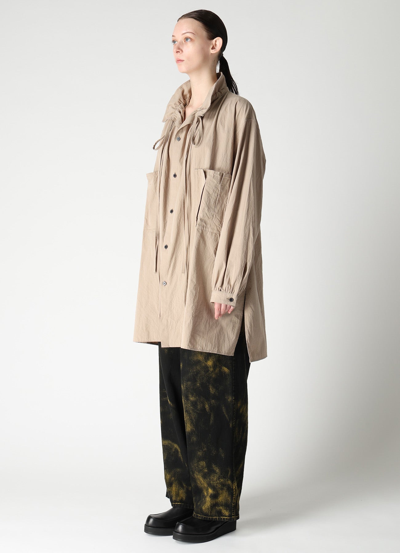 COTTON FLAX GATHERED COLLAR BLOUSE