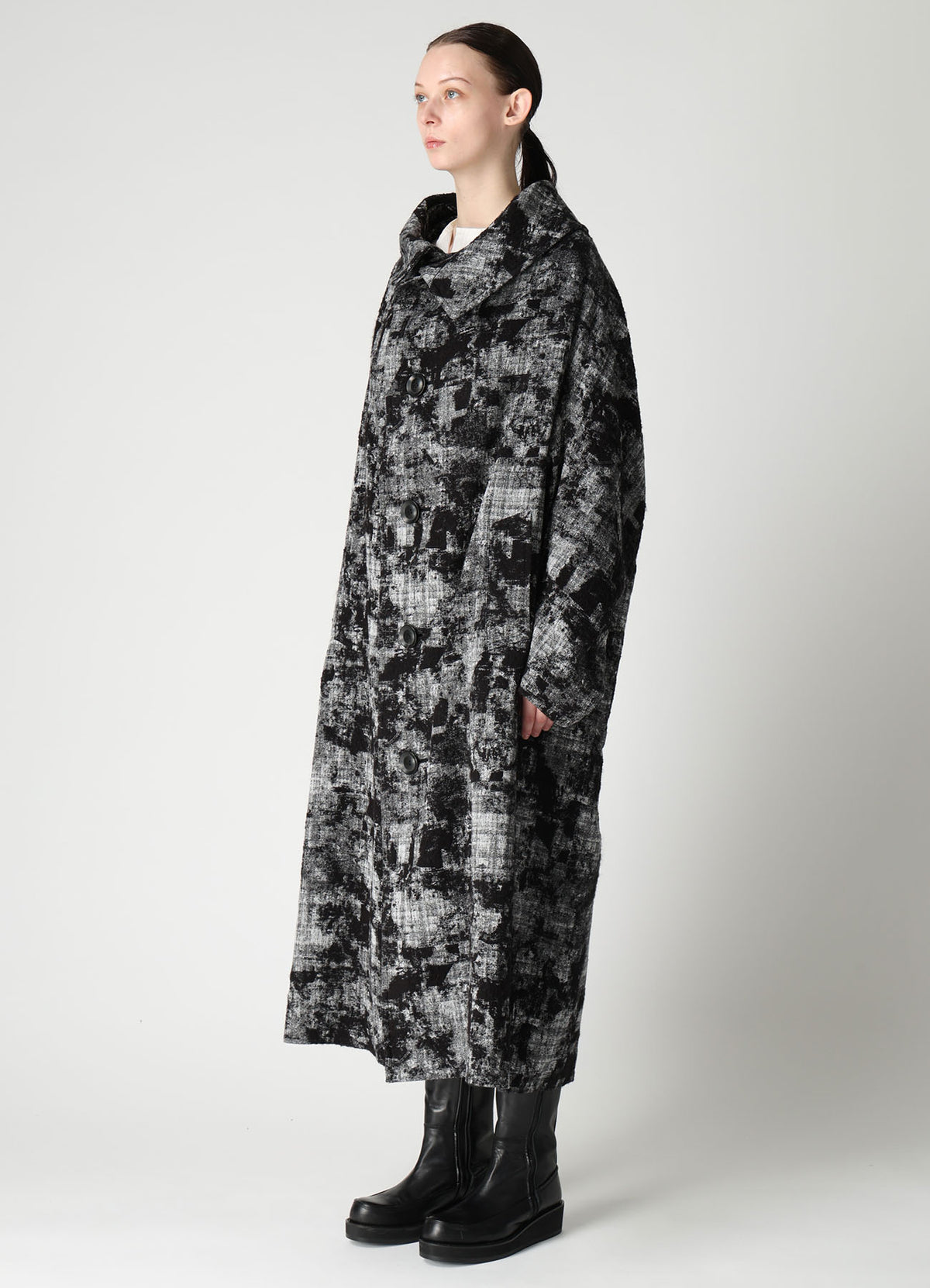 MOHAIR FADED PLAID JACQUARD LONG CAPE COAT