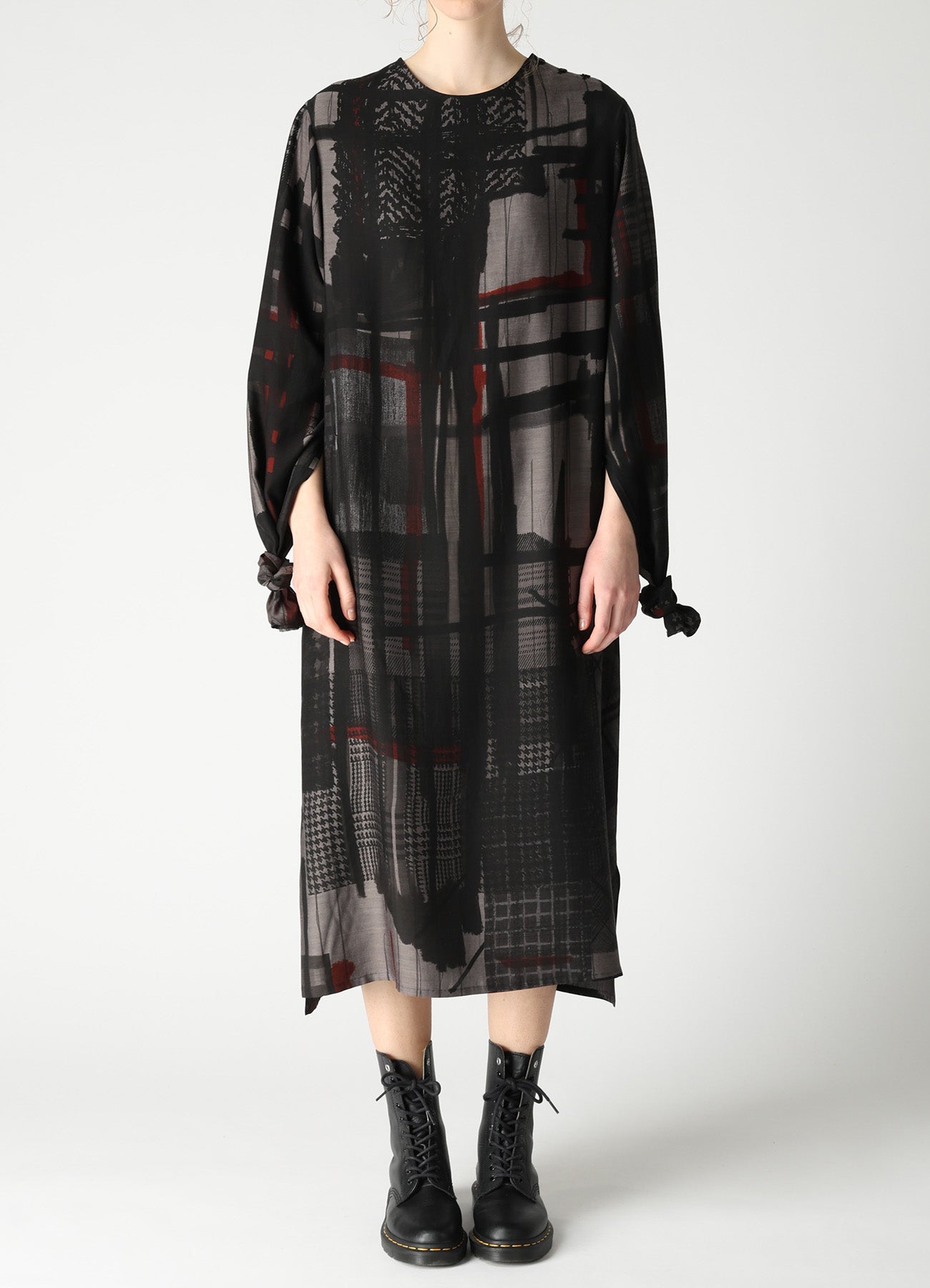 CU/DUNGAREE TWILL PLAID PRINT KNOT SLEEVE DRESS