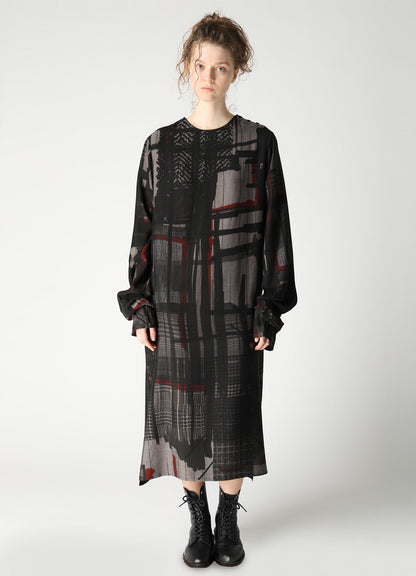CU/DUNGAREE TWILL PLAID PRINT KNOT SLEEVE DRESS