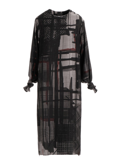 CU/DUNGAREE TWILL PLAID PRINT KNOT SLEEVE DRESS