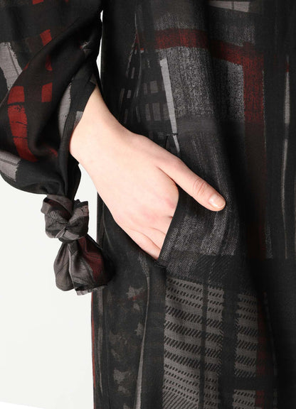 CU/DUNGAREE TWILL PLAID PRINT KNOT SLEEVE DRESS