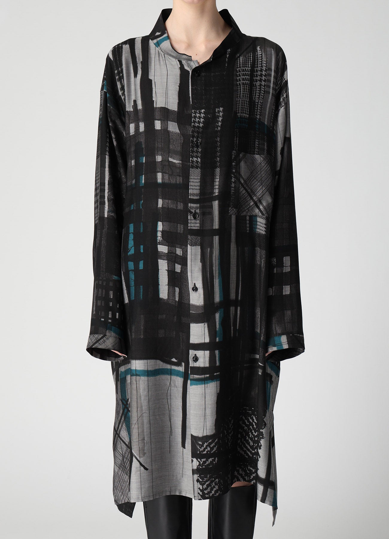 CU/DUNGAREE TWILL PLAID PRINT OPEN COLLAR SHIRT DRESS