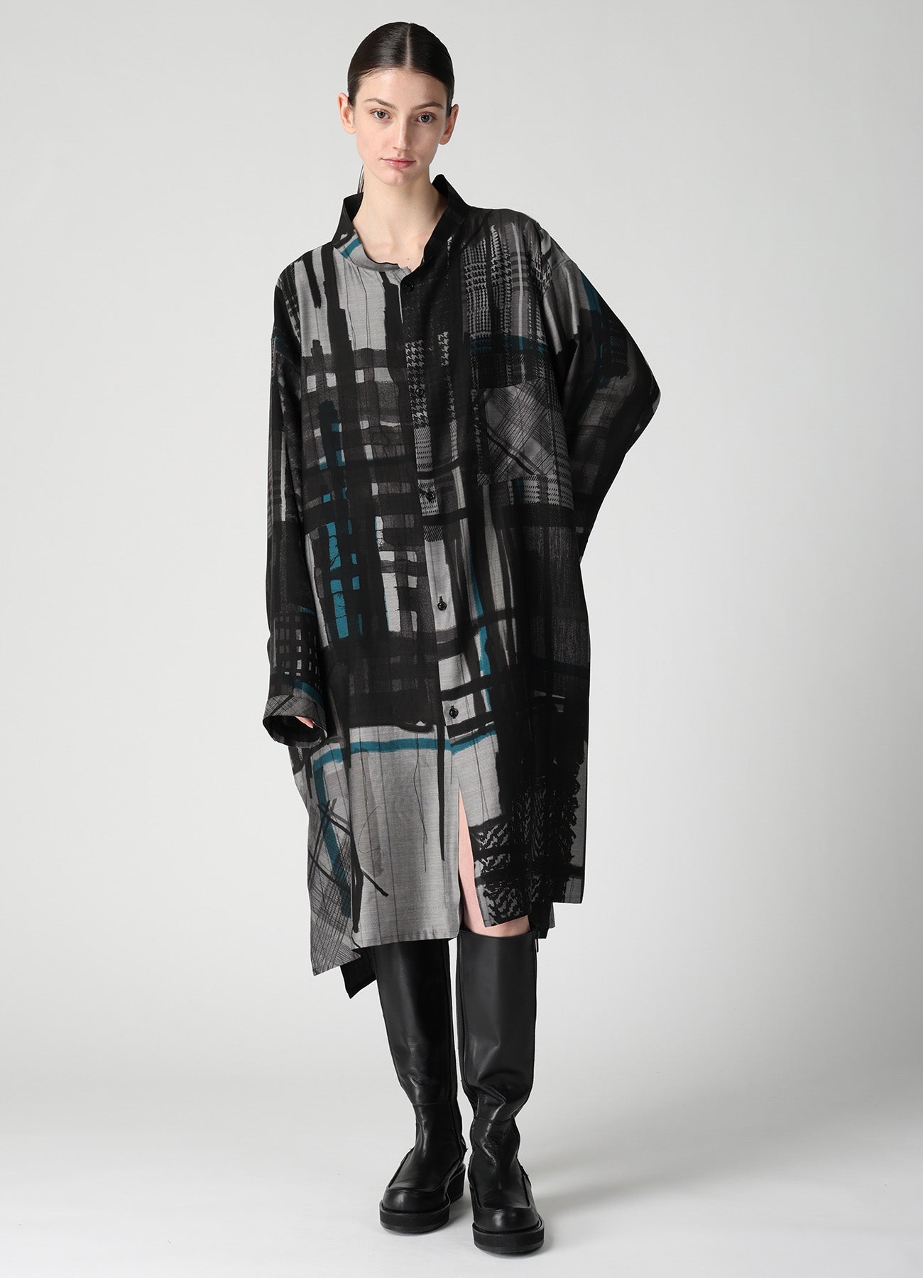 CU/DUNGAREE TWILL PLAID PRINT OPEN COLLAR SHIRT DRESS