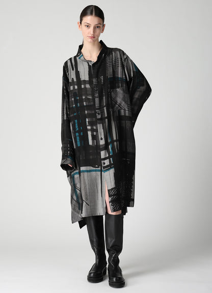 CU/DUNGAREE TWILL PLAID PRINT OPEN COLLAR SHIRT DRESS