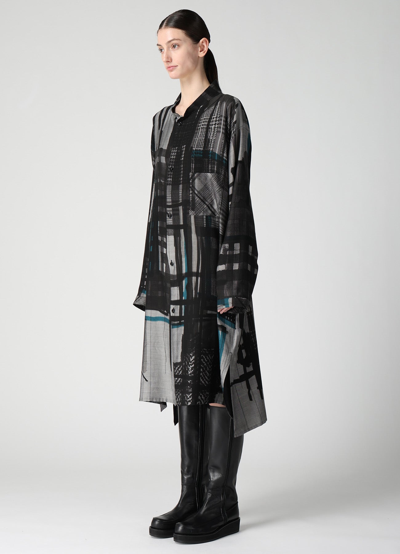 CU/DUNGAREE TWILL PLAID PRINT OPEN COLLAR SHIRT DRESS