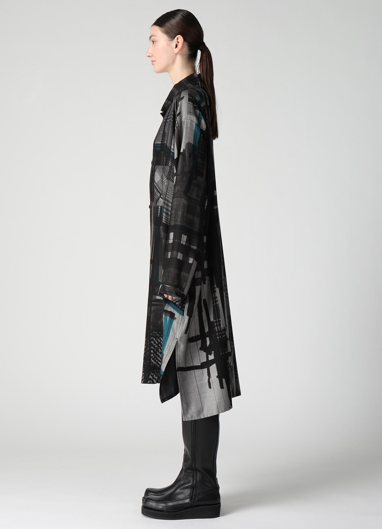 CU/DUNGAREE TWILL PLAID PRINT OPEN COLLAR SHIRT DRESS