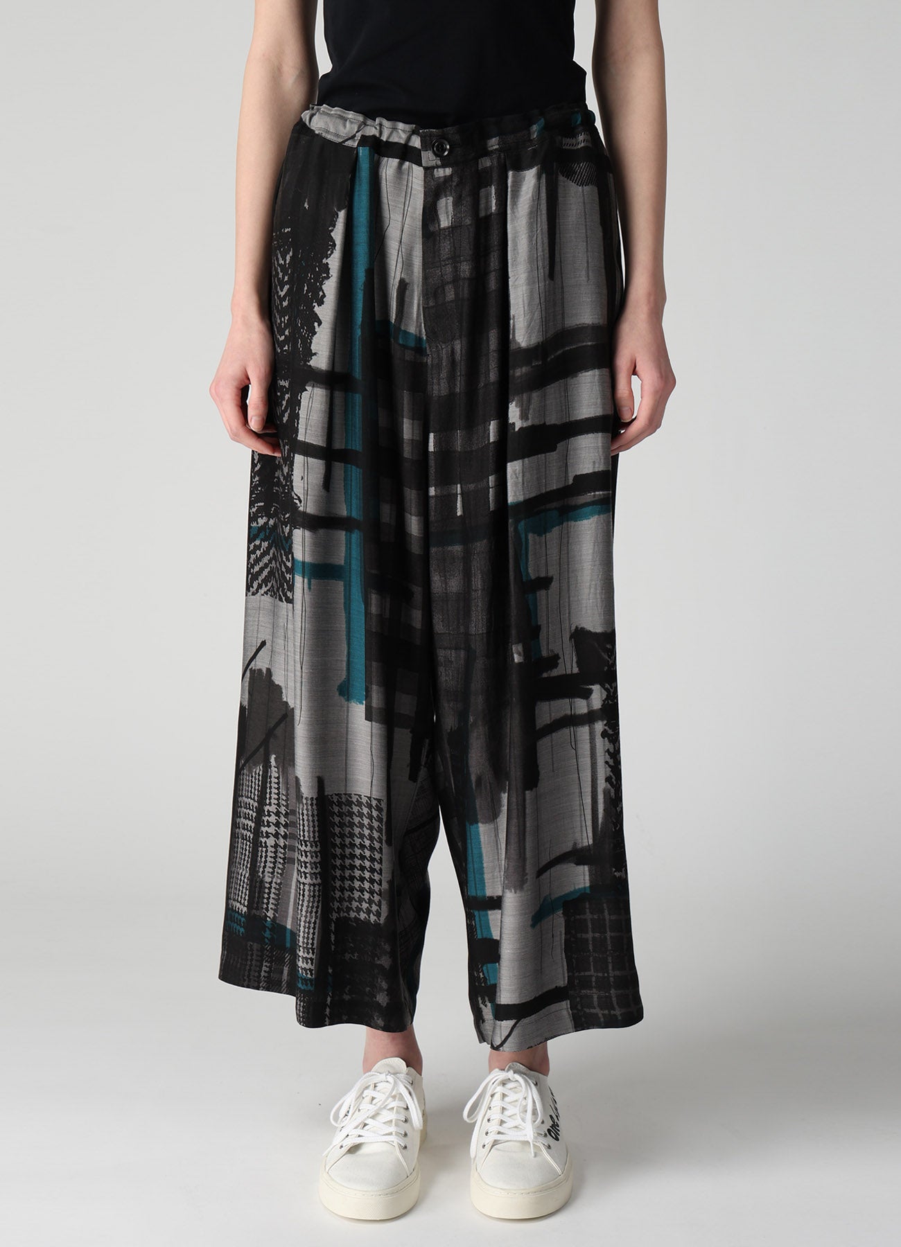 CU/DUNGAREE TWILL PLAID PRINT FRONT TUCK WIDE PANTS