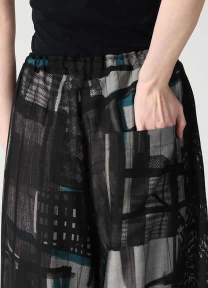 CU/DUNGAREE TWILL PLAID PRINT FRONT TUCK WIDE PANTS