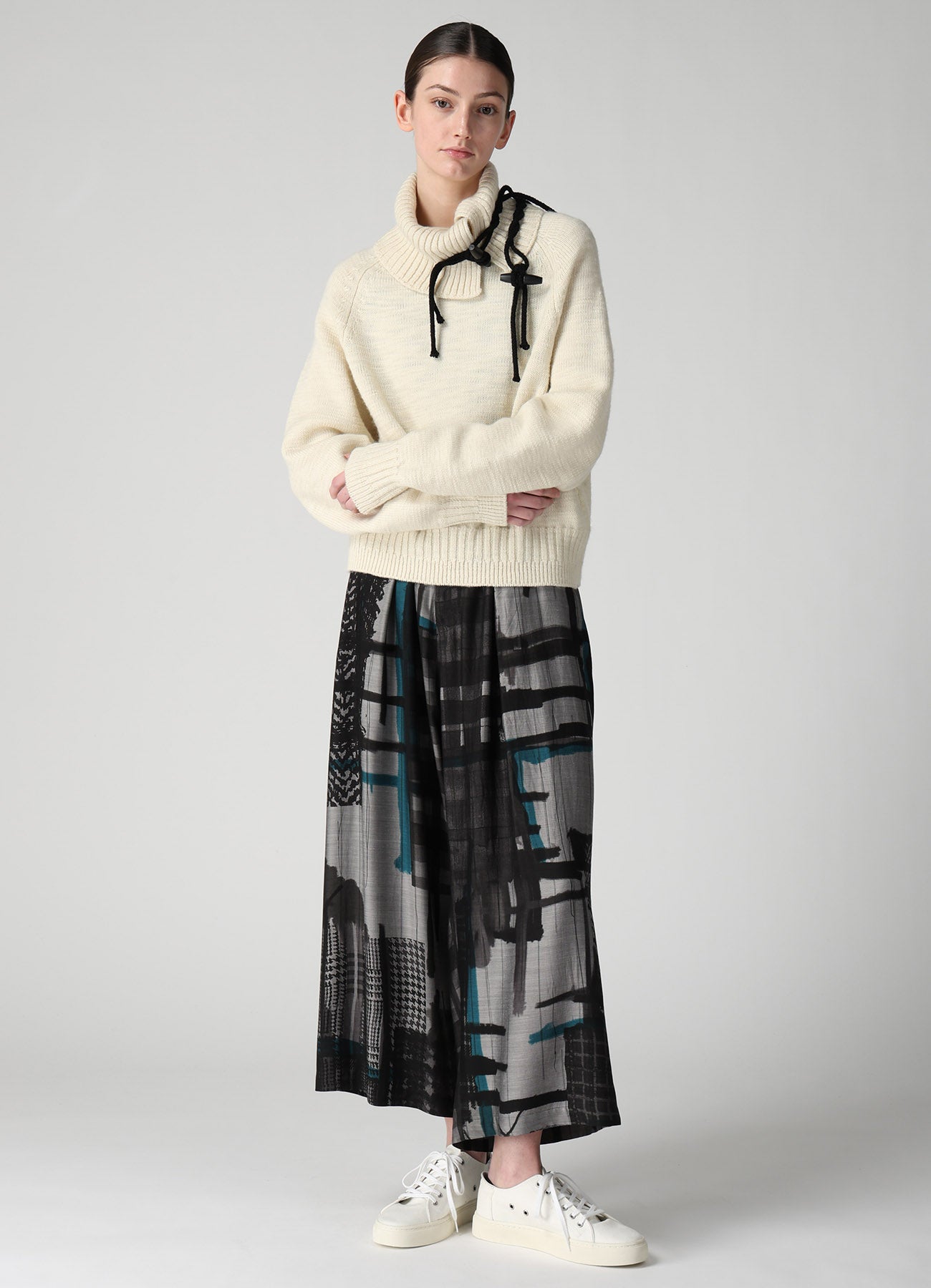 CU/DUNGAREE TWILL PLAID PRINT FRONT TUCK WIDE PANTS