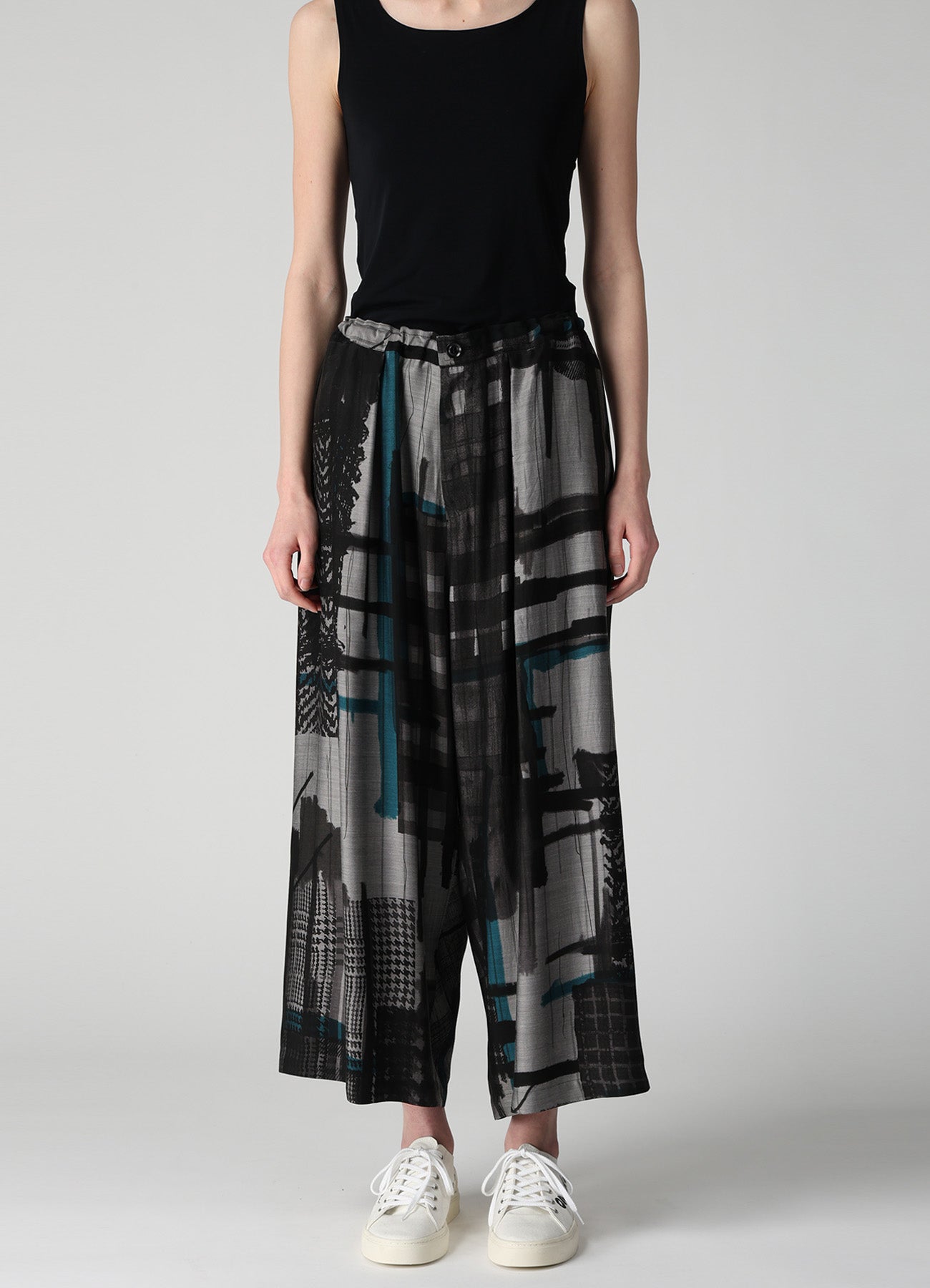 CU/DUNGAREE TWILL PLAID PRINT FRONT TUCK WIDE PANTS