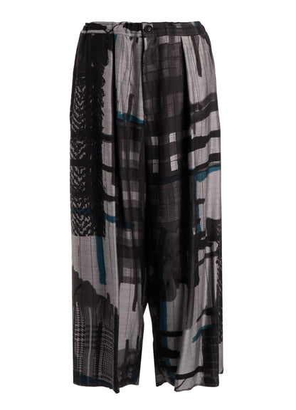 CU/DUNGAREE TWILL PLAID PRINT FRONT TUCK WIDE PANTS