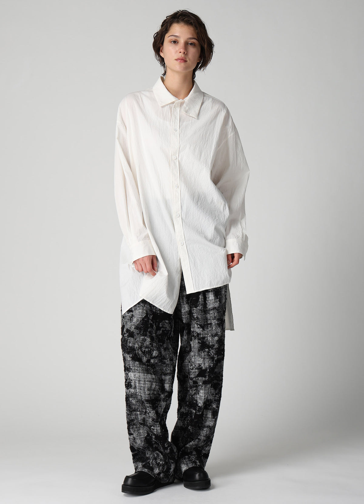 MOHAIR FADED PLAID JACQUARD SINGLE TUCK SIDE OPEN PANTS