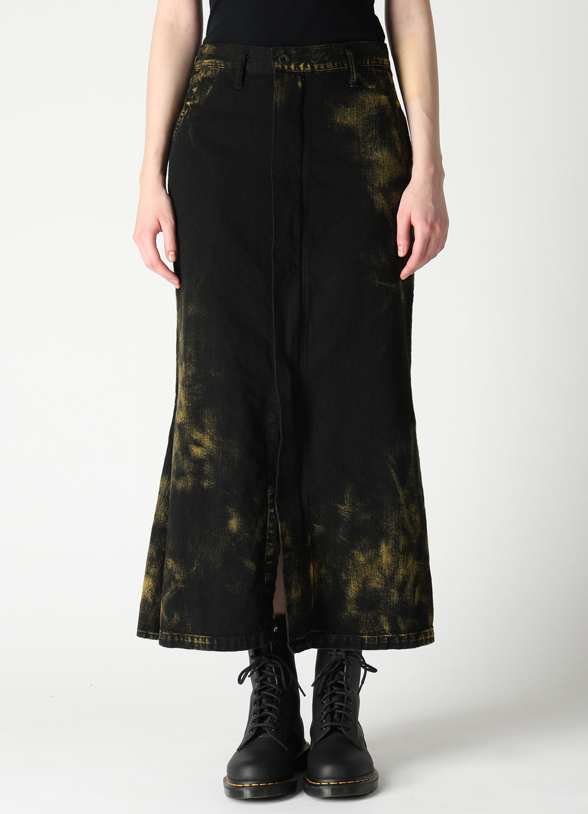 8OZ DENIM BLEACHED OVERDYE FLARE SKIRT
