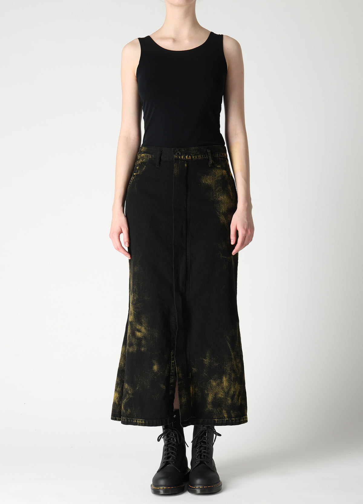 8OZ DENIM BLEACHED OVERDYE FLARE SKIRT