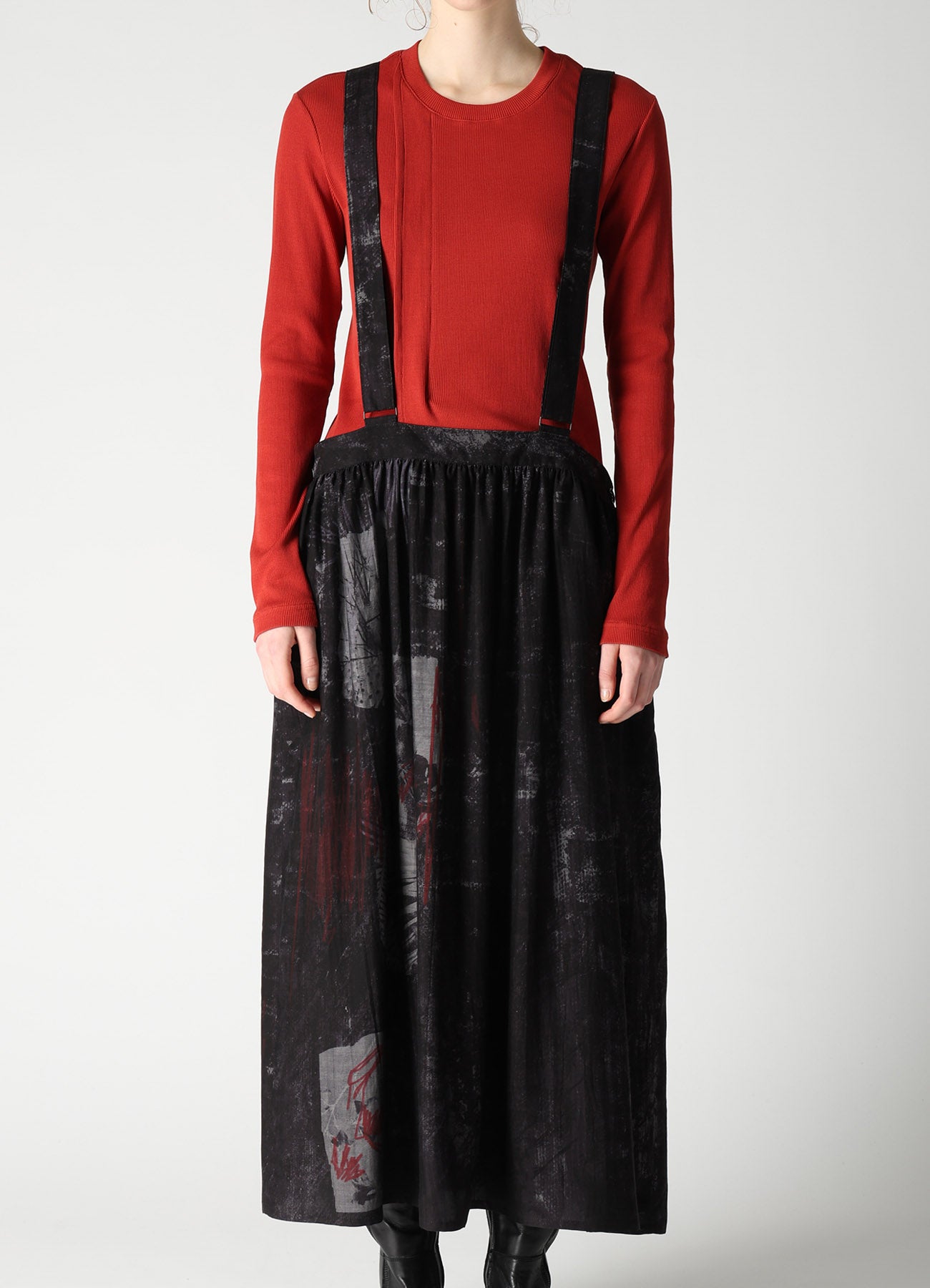 CUPRO DUNGAREE TWILL SHOULDER STRAP GATHERED SKIRT