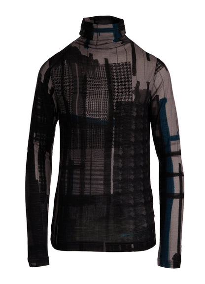 WOOL JERSEY PLAID PRINT HIGH NECK LONG SLEEVE T-SHIRTS