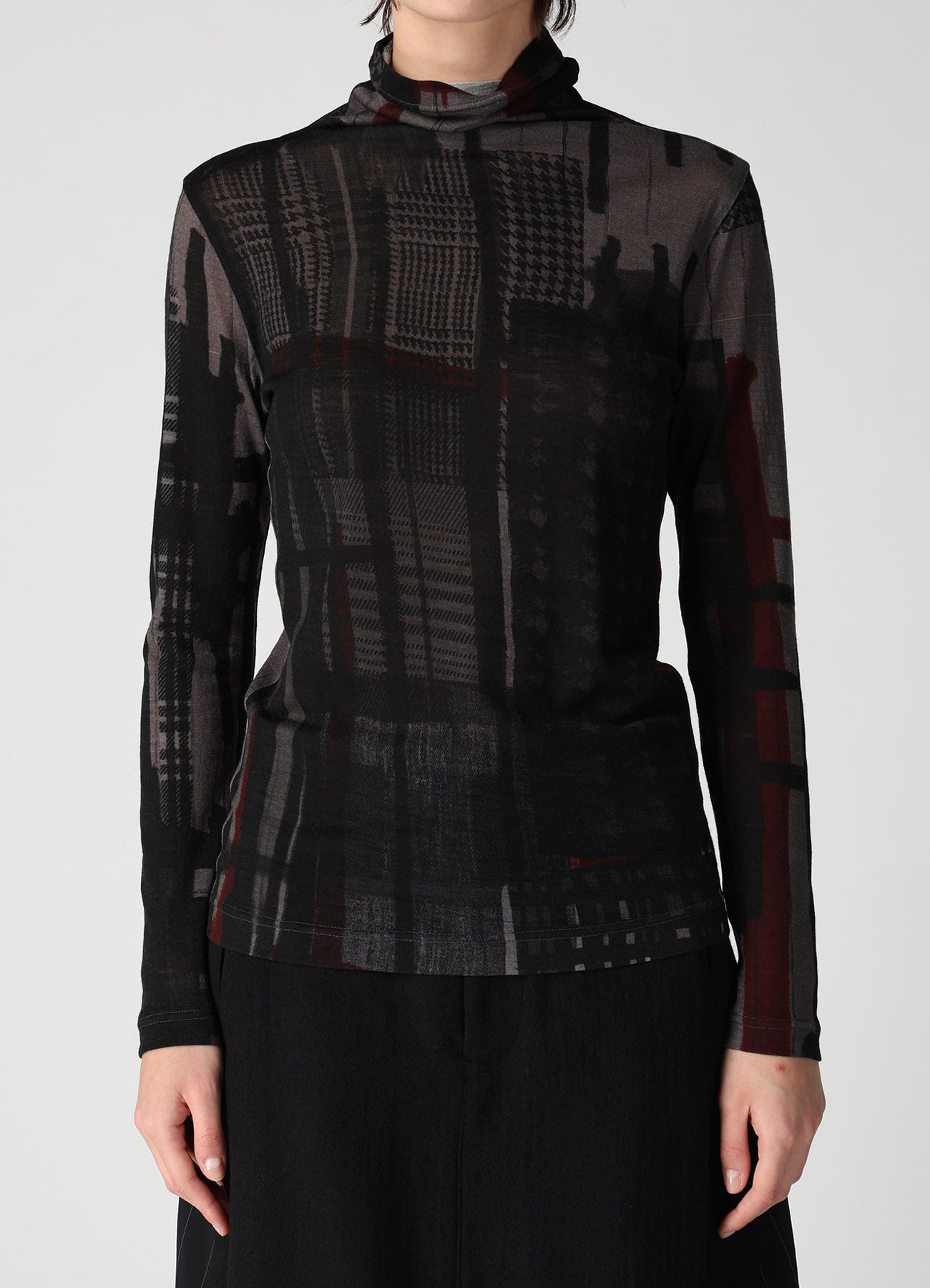 WOOL JERSEY PLAID PRINT HIGH NECK LONG SLEEVE T-SHIRTS