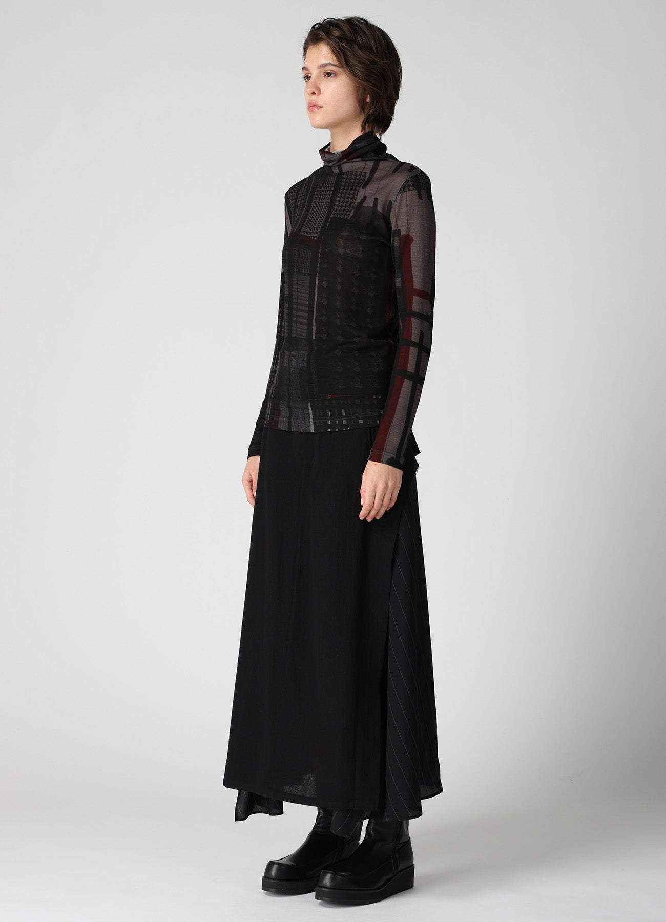 WOOL JERSEY PLAID PRINT HIGH NECK LONG SLEEVE T-SHIRTS
