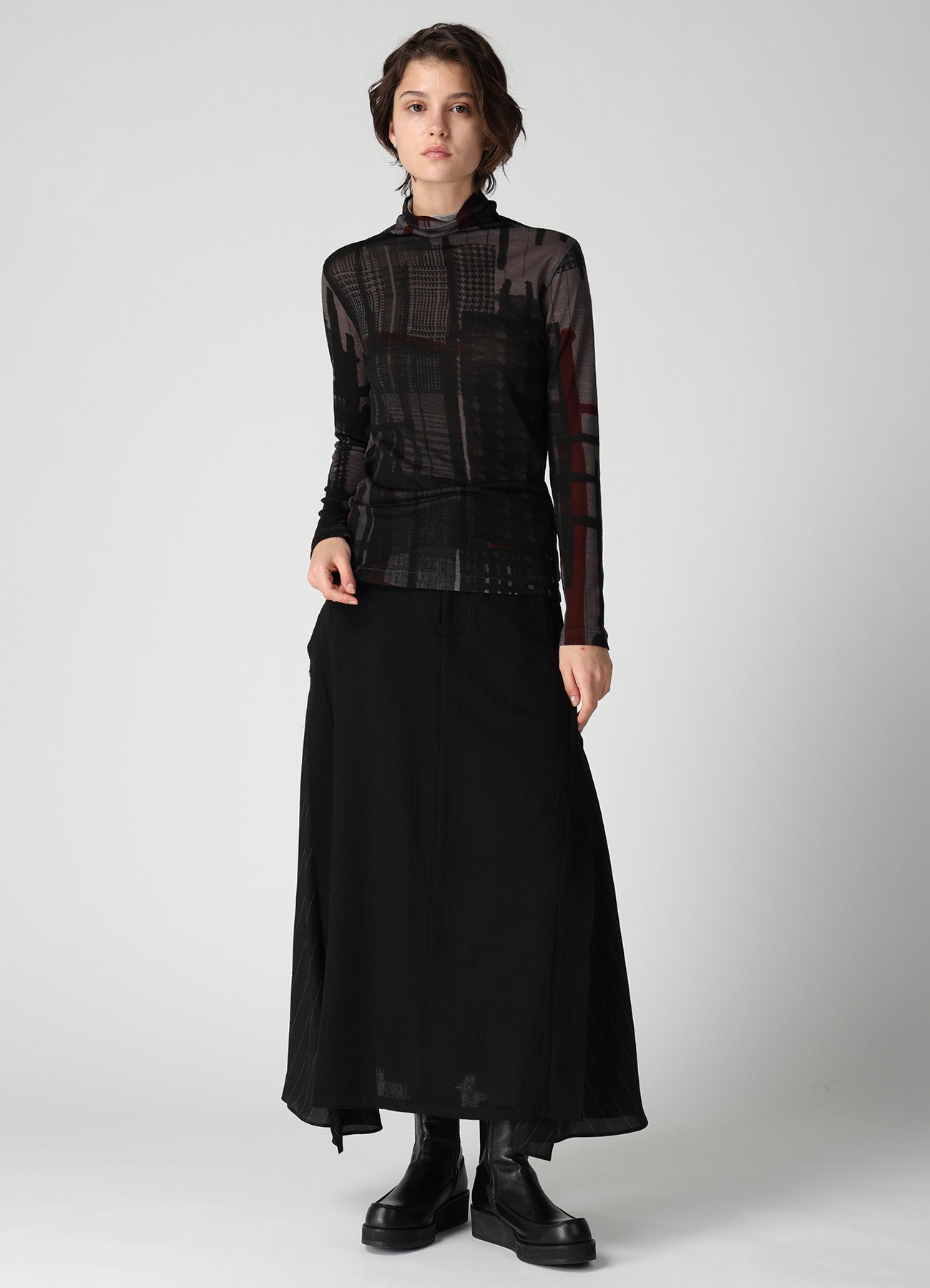 WOOL JERSEY PLAID PRINT HIGH NECK LONG SLEEVE T-SHIRTS