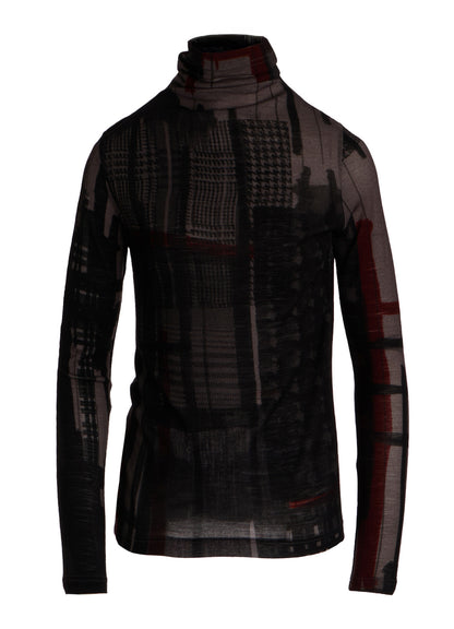 WOOL JERSEY PLAID PRINT HIGH NECK LONG SLEEVE T-SHIRTS