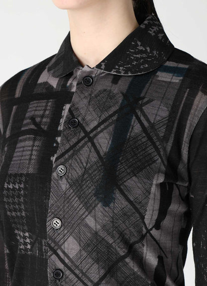 WOOL JERSEY PLAID PRINT LONG SLEEVE CARDIGAN