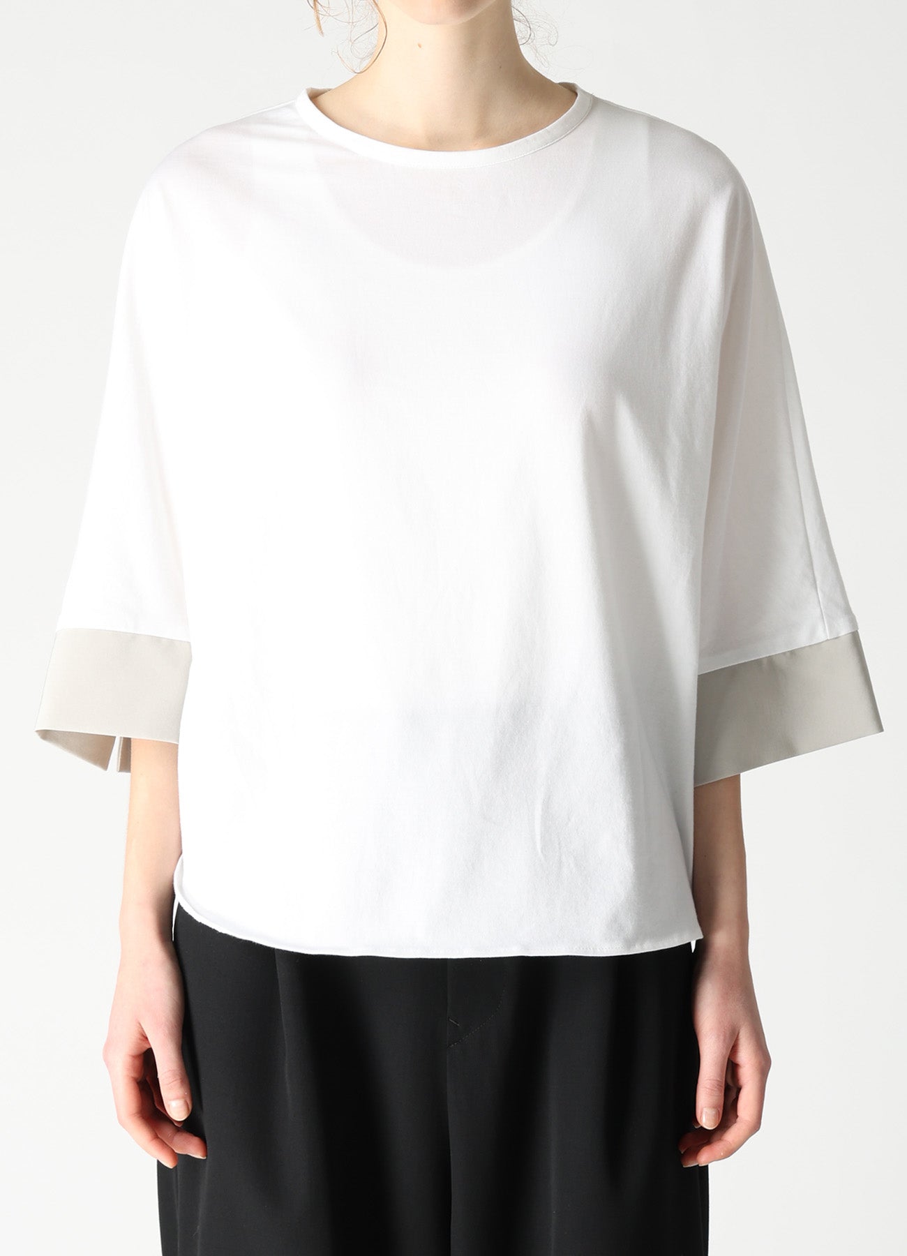 COTTON JERSEY X TA/PE DE CHINE ROUND NECK CUFFS T-SHIRTS
