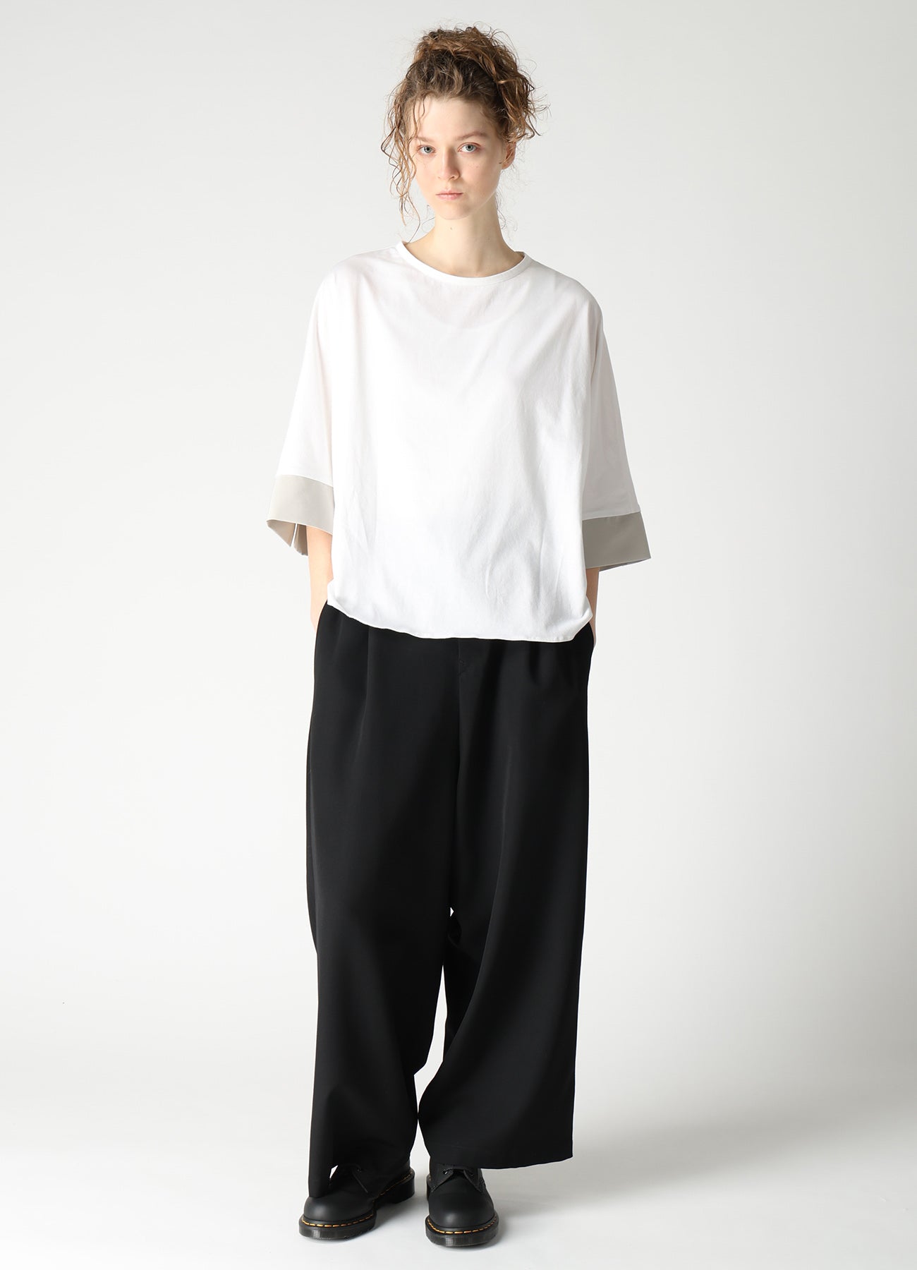 COTTON JERSEY X TA/PE DE CHINE ROUND NECK CUFFS T-SHIRTS