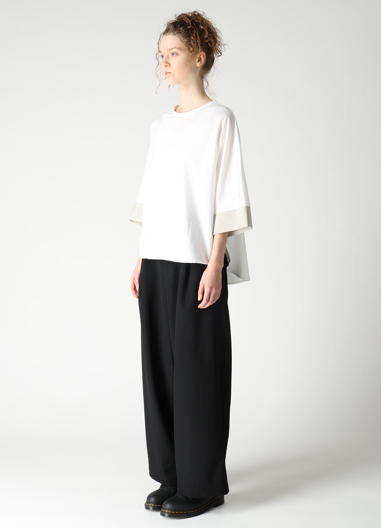 COTTON JERSEY X TA/PE DE CHINE ROUND NECK CUFFS T-SHIRTS