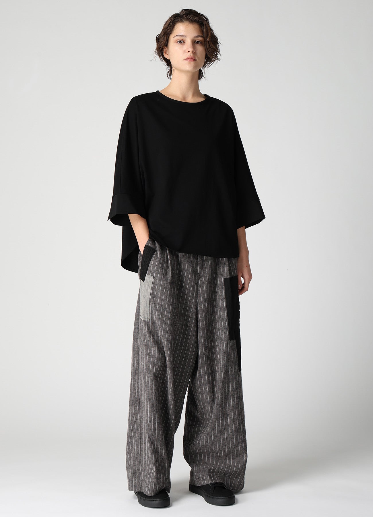 COTTON JERSEY X TA/PE DE CHINE ROUND NECK CUFFS T-SHIRTS