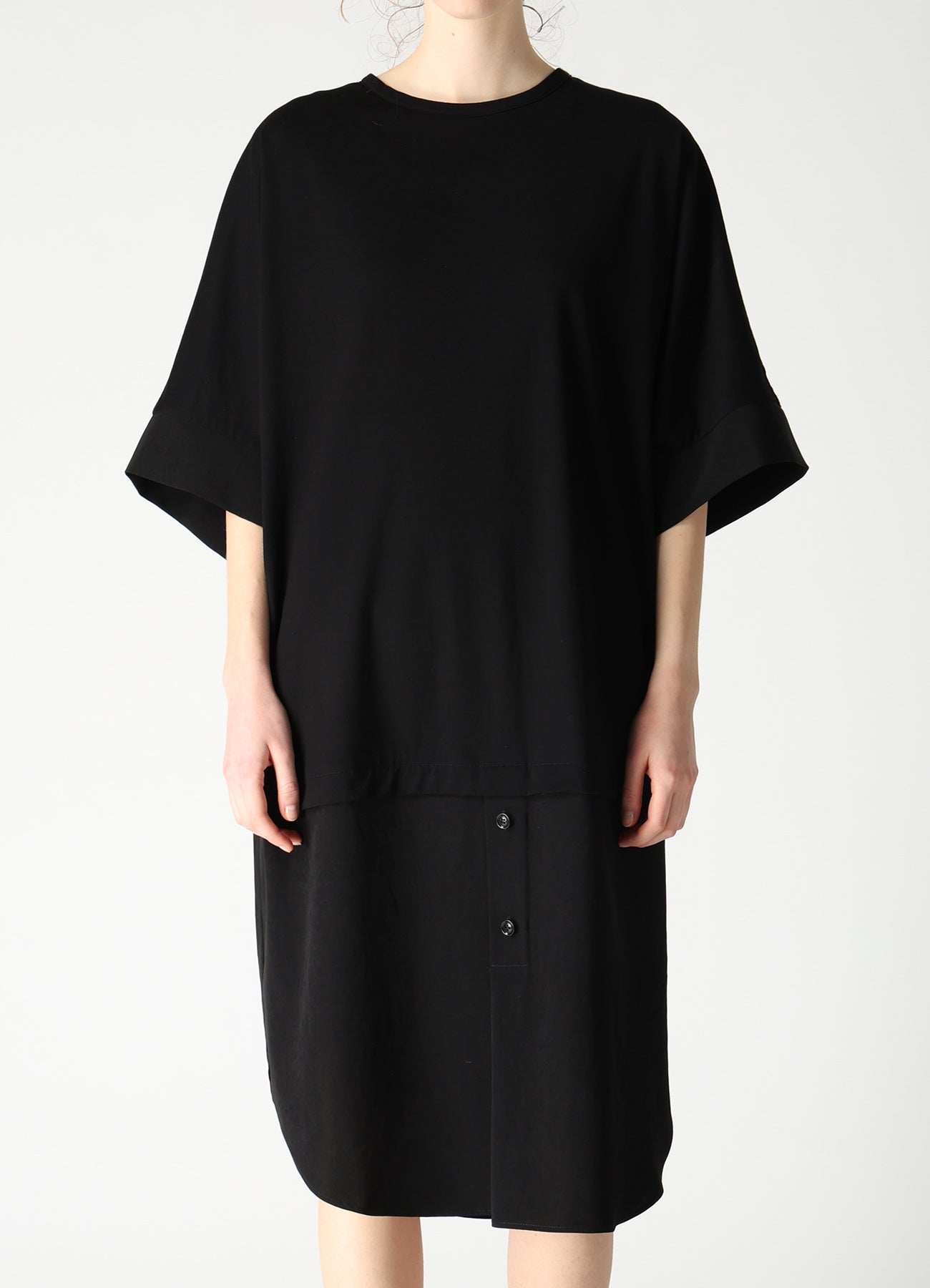 COTTON JERSEY X TA/PE DE CHINE ROUND NECK DRESS