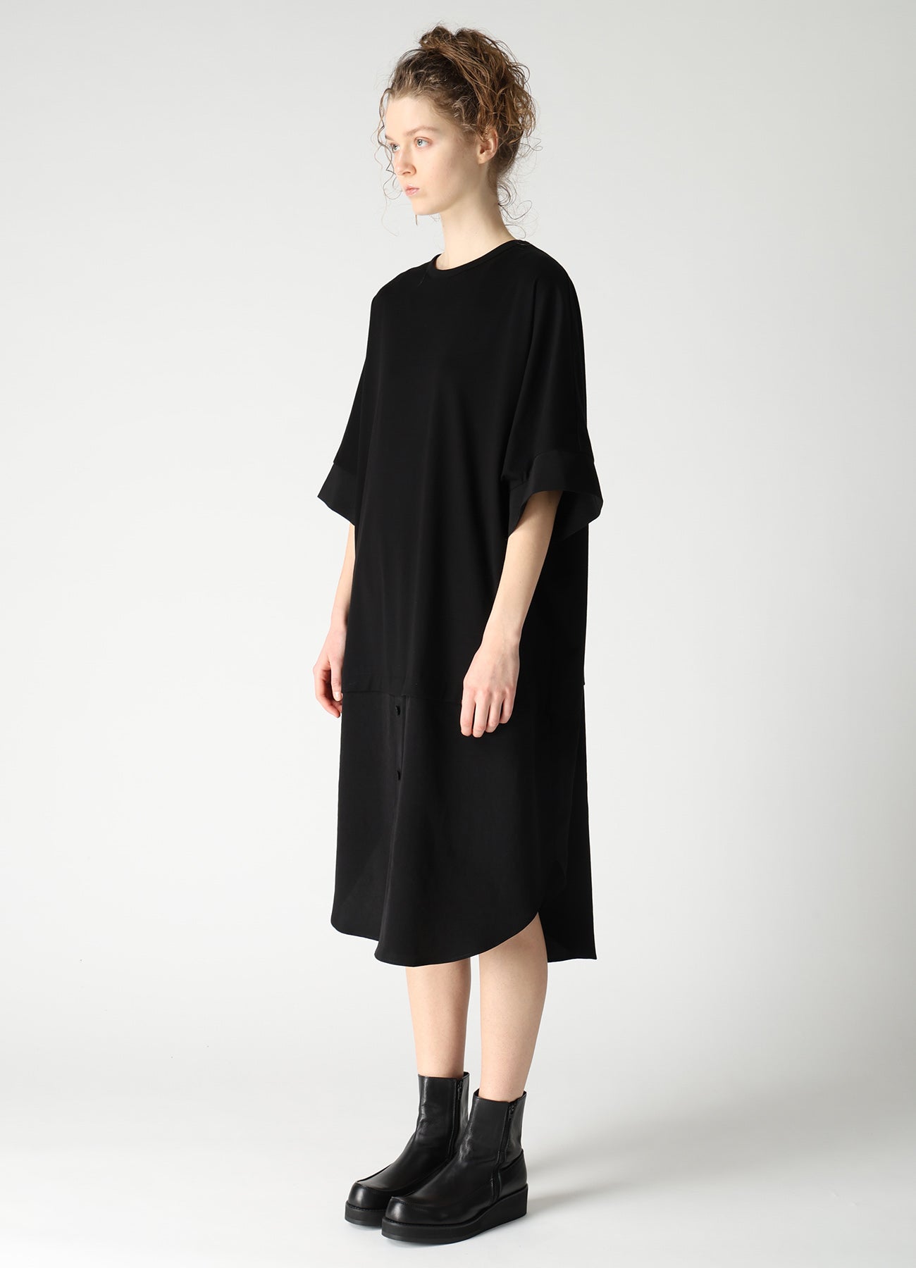 COTTON JERSEY X TA/PE DE CHINE ROUND NECK DRESS