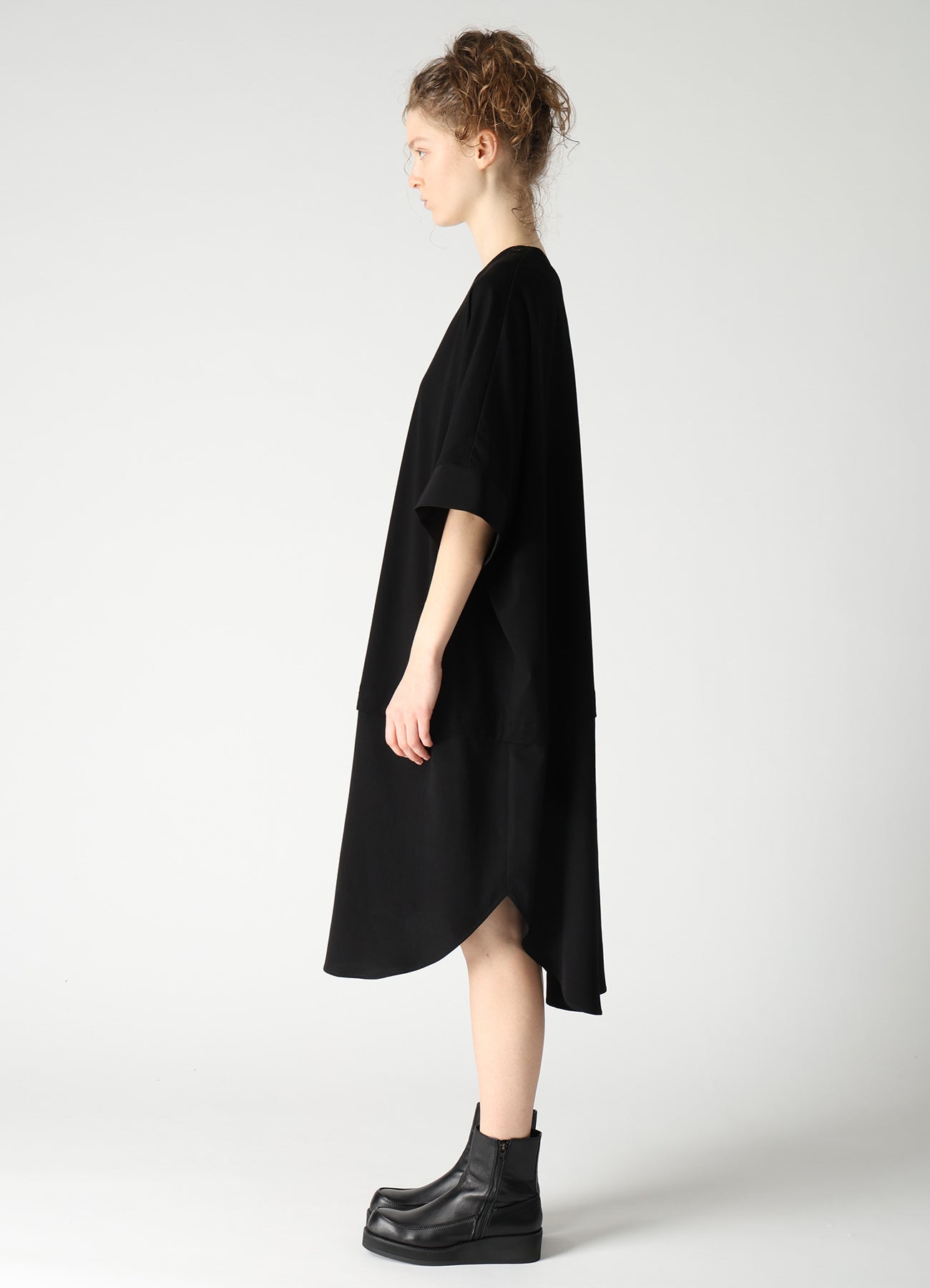 COTTON JERSEY X TA/PE DE CHINE ROUND NECK DRESS