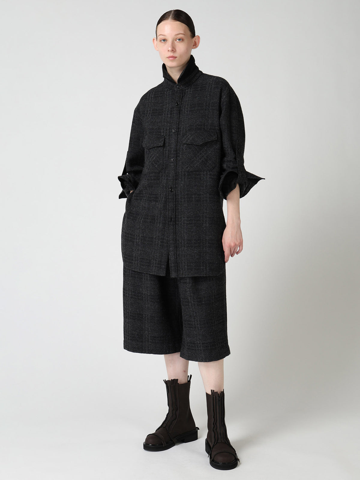 WOOL BLEND PLAID MILITARY SHIRT