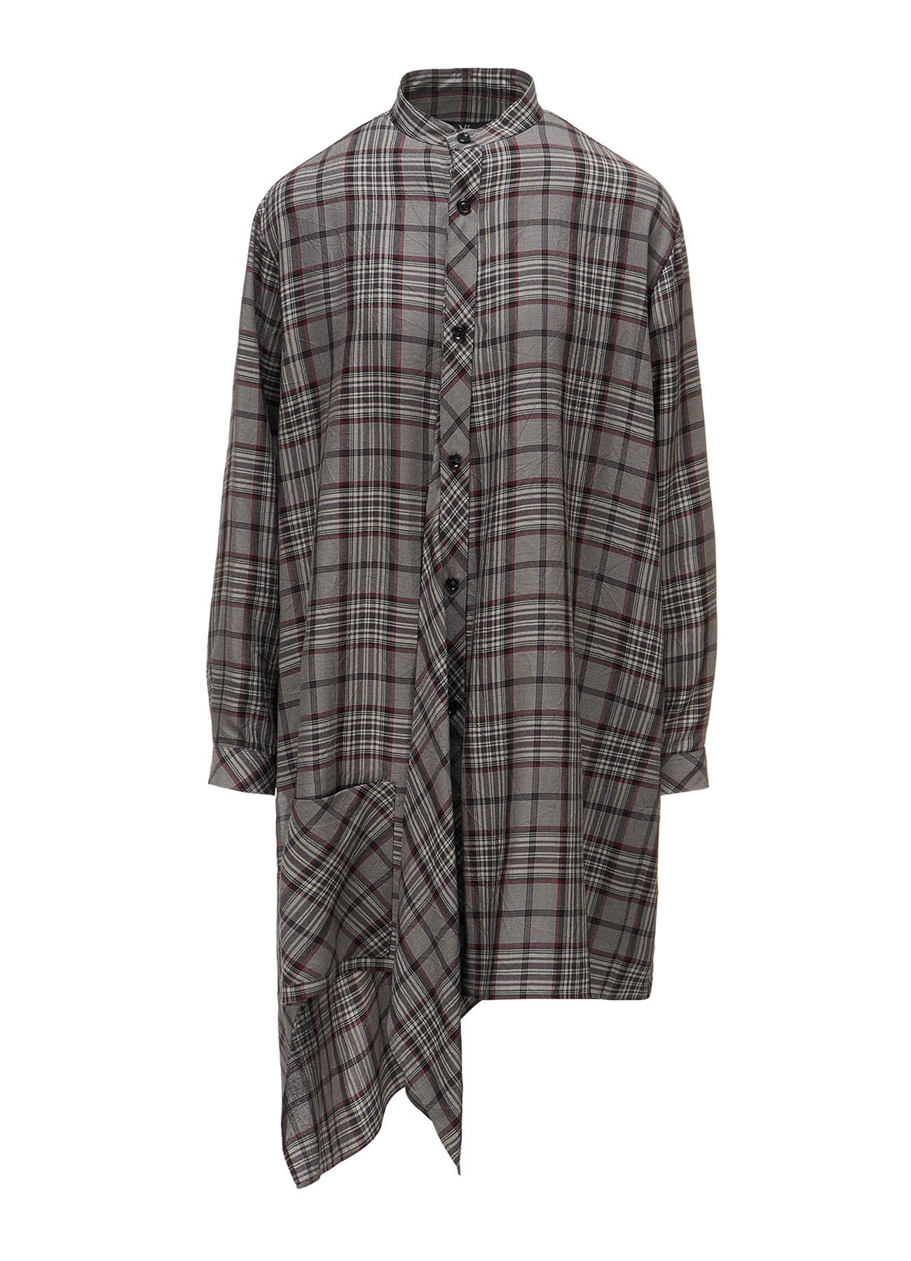 PLAID WASHER STAND COLLAR ASYMMETRIC BLOUSE