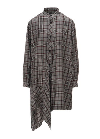 PLAID WASHER STAND COLLAR ASYMMETRIC BLOUSE