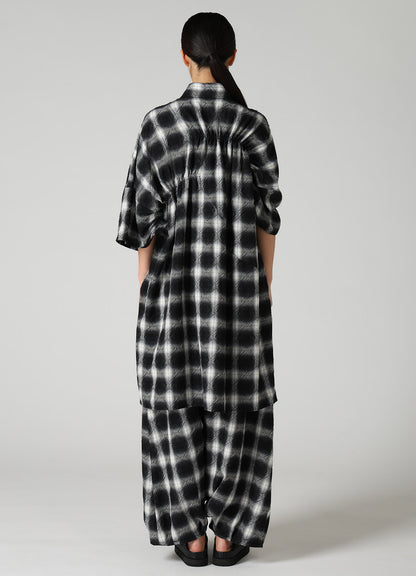 PLAID JACQUARD GATHERED OVERSIZED BLOUSE