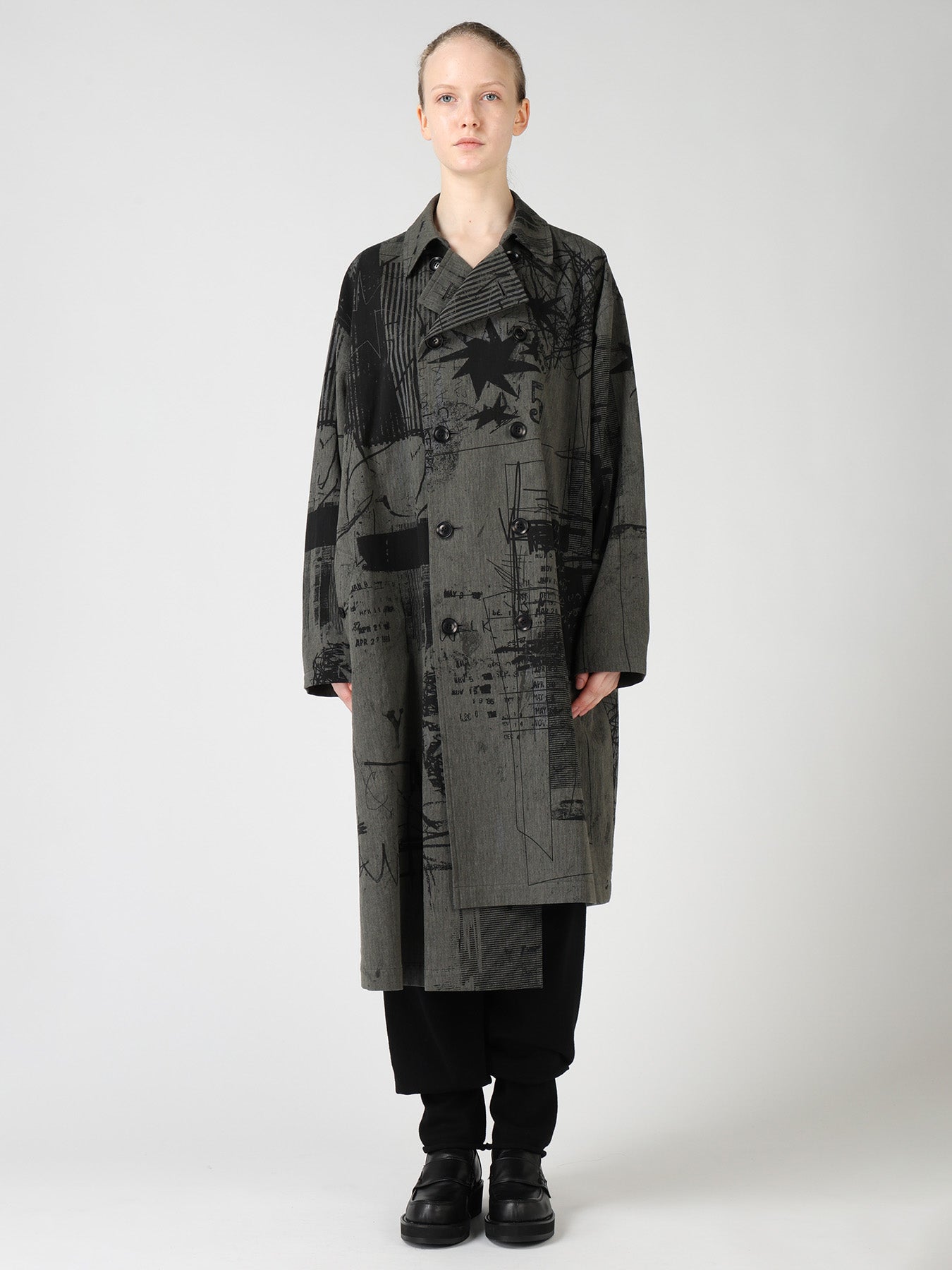 HERRINGBONE GRAFFITI PRINT ASYMMETRIC TRENCH COAT