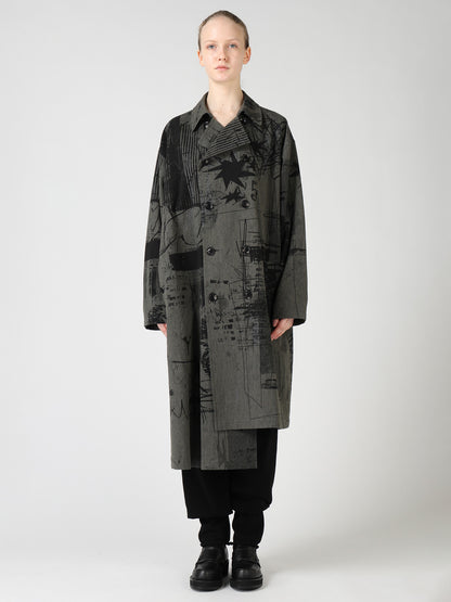 HERRINGBONE GRAFFITI PRINT ASYMMETRIC TRENCH COAT