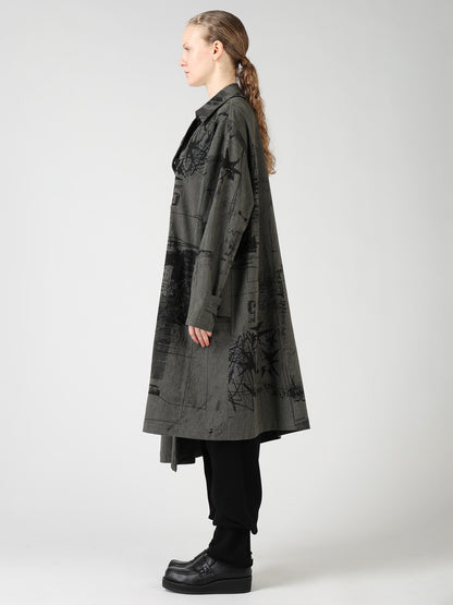 HERRINGBONE GRAFFITI PRINT ASYMMETRIC TRENCH COAT