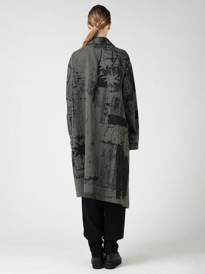 HERRINGBONE GRAFFITI PRINT ASYMMETRIC TRENCH COAT
