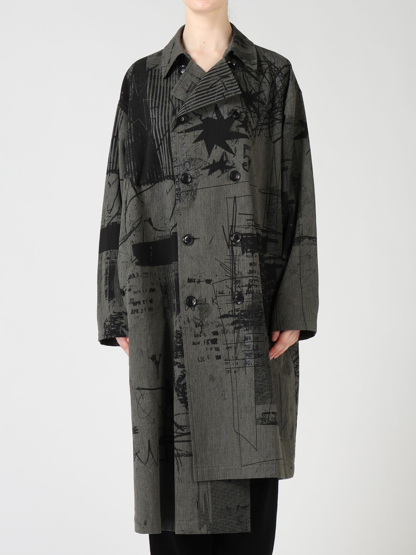 HERRINGBONE GRAFFITI PRINT ASYMMETRIC TRENCH COAT