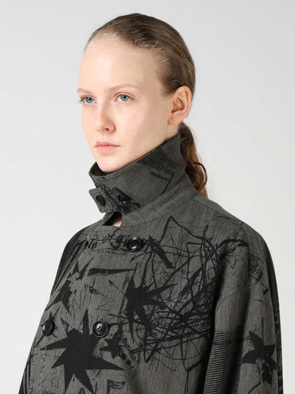 HERRINGBONE GRAFFITI PRINT ASYMMETRIC TRENCH COAT