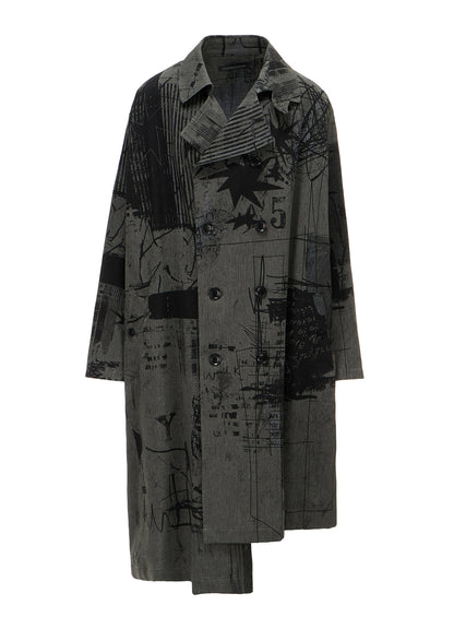 HERRINGBONE GRAFFITI PRINT ASYMMETRIC TRENCH COAT