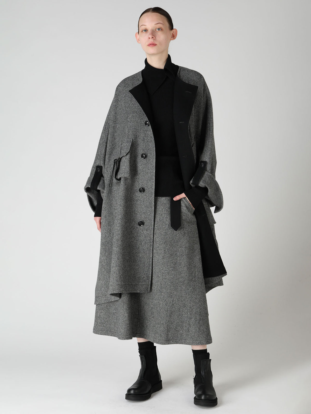 TWILL FLANNEL COLLARLESS DOLMAN COAT