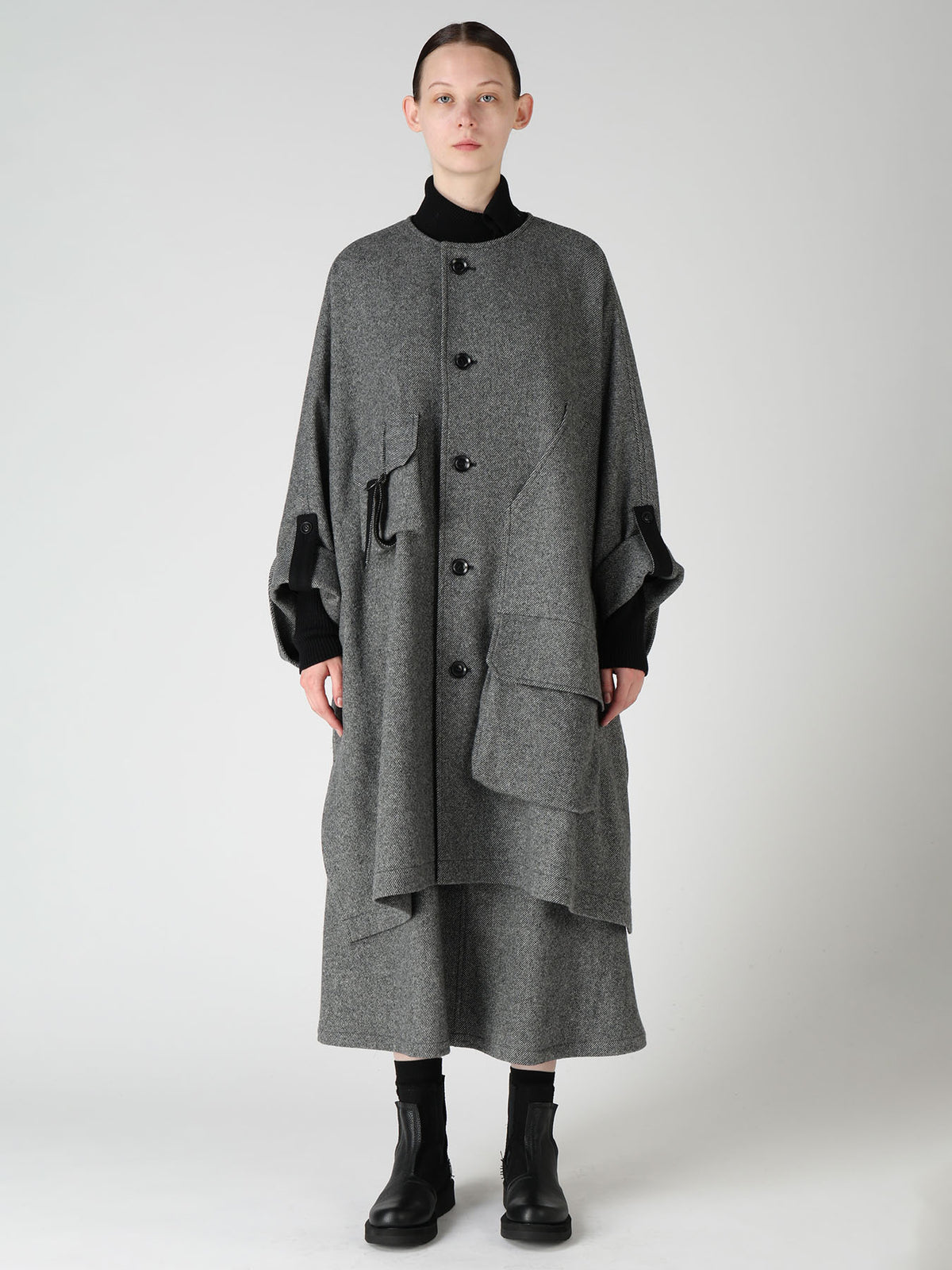 TWILL FLANNEL COLLARLESS DOLMAN COAT