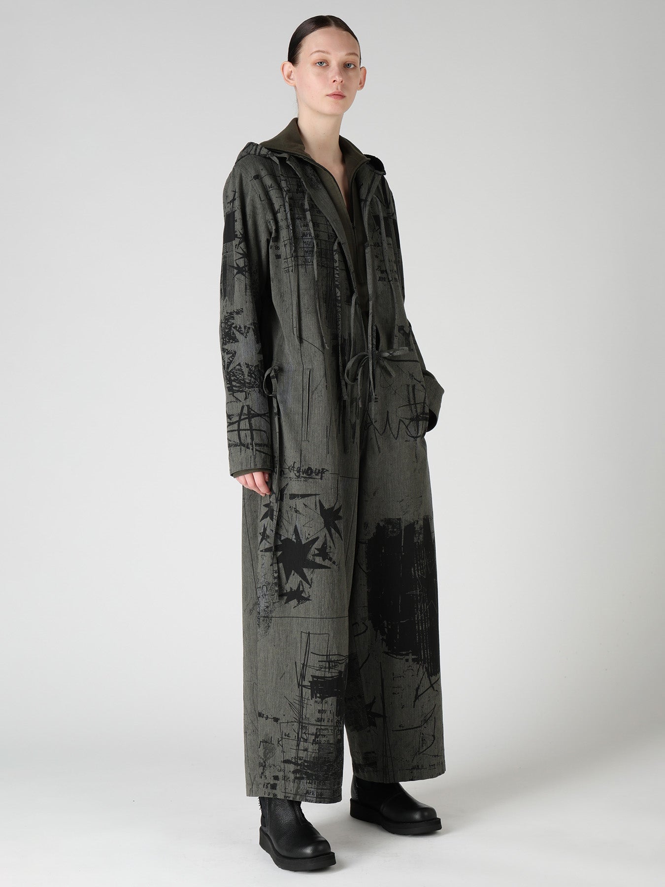 HERRINGBONE GRAFFITI PRINT HOODED OVERALL