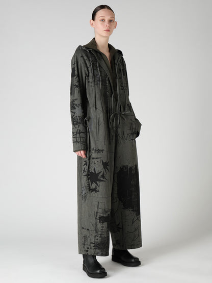 HERRINGBONE GRAFFITI PRINT HOODED OVERALL