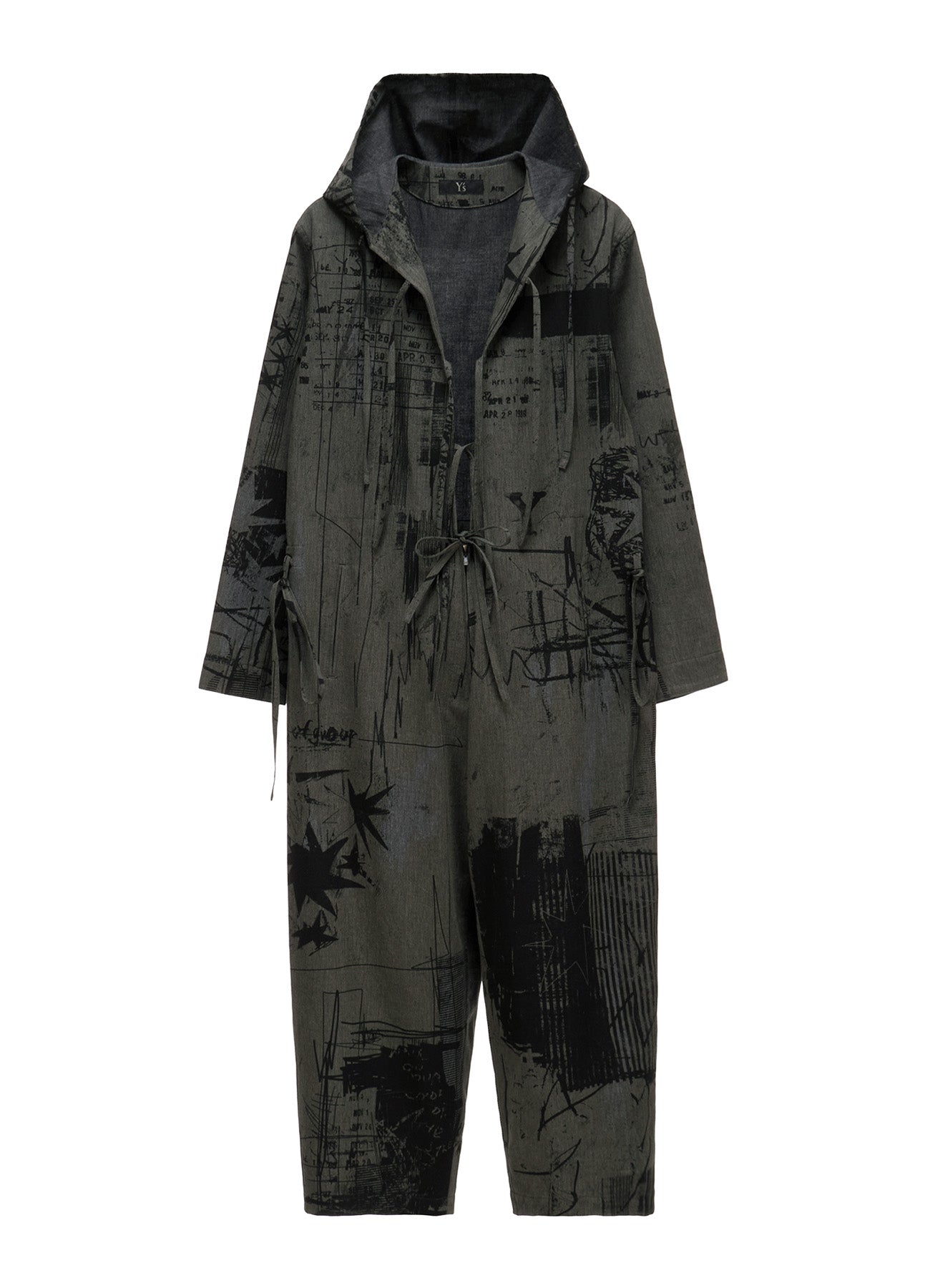 HERRINGBONE GRAFFITI PRINT HOODED OVERALL