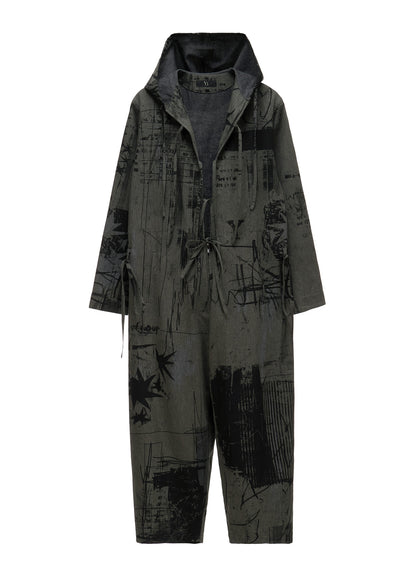 HERRINGBONE GRAFFITI PRINT HOODED OVERALL